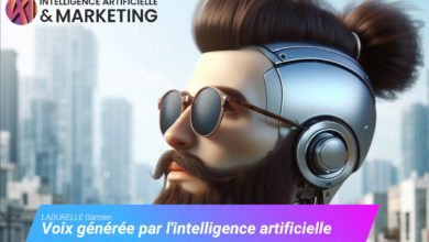 Personnage stylisé avec casque représentant IA et marketing.