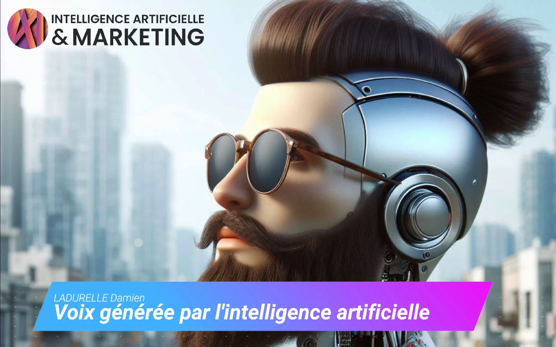 Personnage stylisé avec casque représentant IA et marketing.