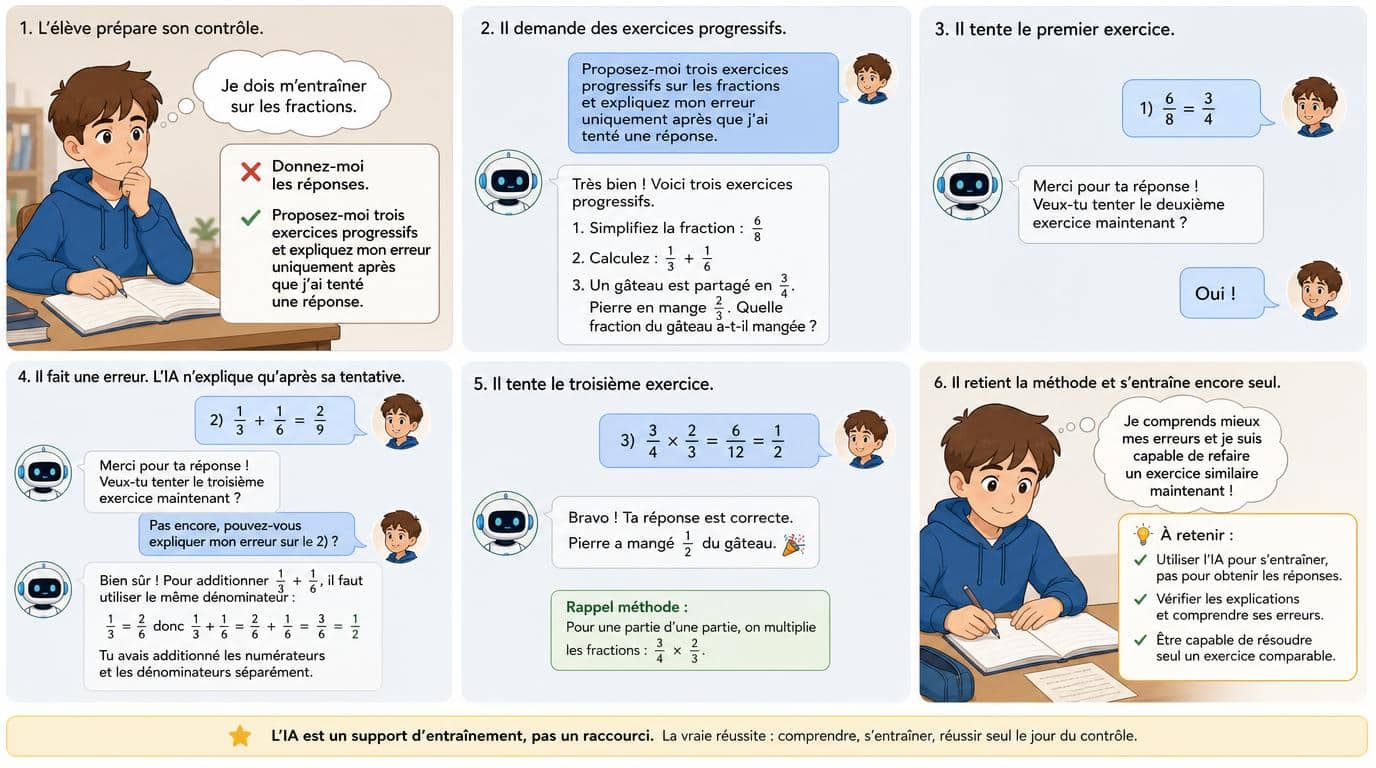 Un &eacute;l&egrave;ve pr&eacute;pare un contr&ocirc;le sur les fractions. Au lieu d&rsquo;&eacute;crire &laquo; Donnez-moi les r&eacute;ponses &raquo;, il peut demander : &laquo; Proposez-moi trois exercices progressifs et expliquez mon erreur uniquement apr&egrave;s que j&rsquo;ai tent&eacute; une r&eacute;ponse. &raquo; Dans ce cas, l&rsquo;IA sert de support d&rsquo;entra&icirc;nement. L&rsquo;&eacute;l&egrave;ve doit encore v&eacute;rifier les explications et rester capable de r&eacute;soudre seul un exercice comparable.