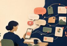 Collage éditorial montrant une conversation avec un chatbot dont les messages deviennent des fils de mémoire et des notifications.