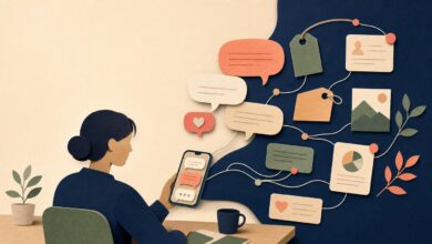 Collage éditorial montrant une conversation avec un chatbot dont les messages deviennent des fils de mémoire et des notifications.