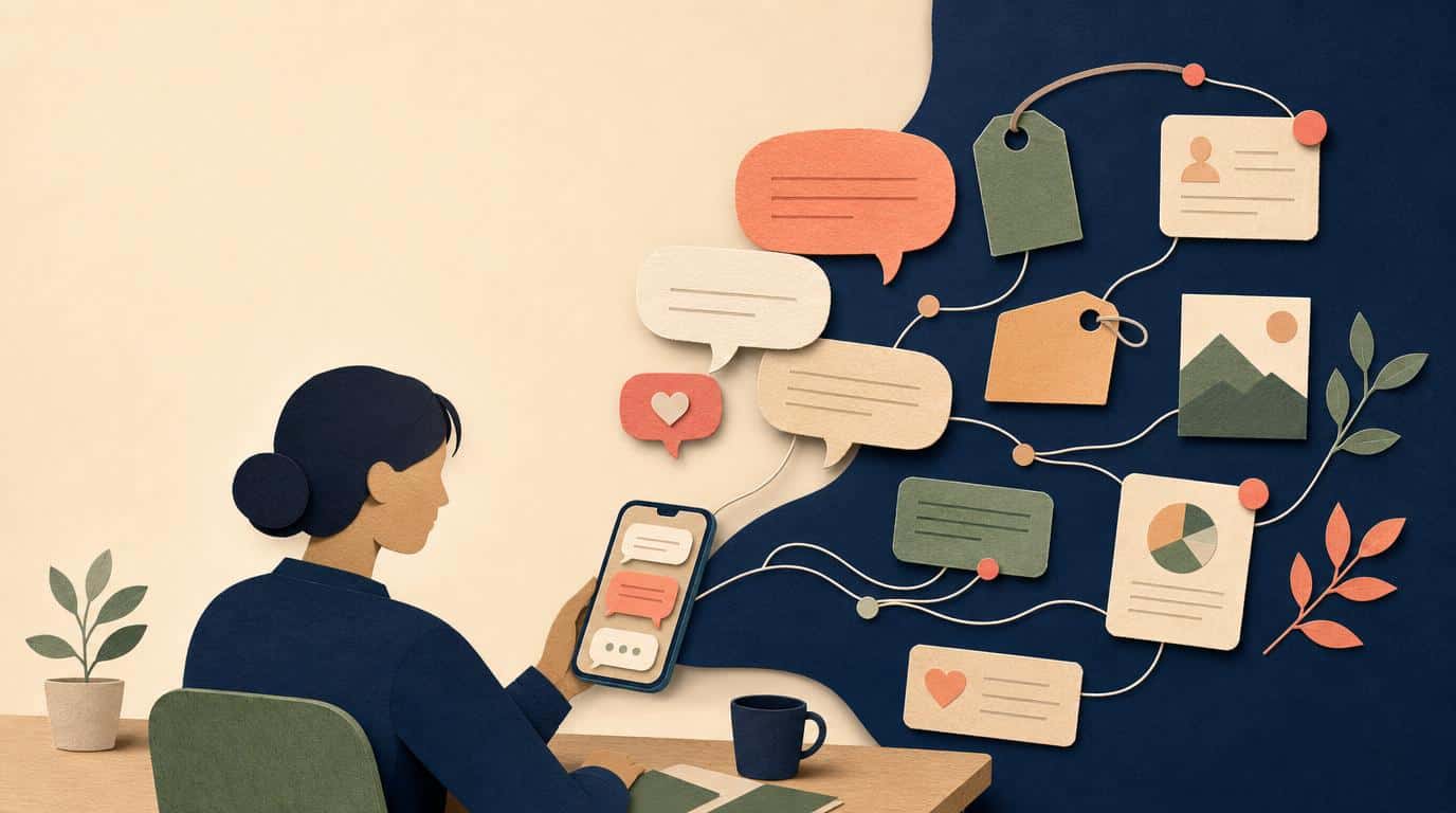 Collage éditorial montrant une conversation avec un chatbot dont les messages deviennent des fils de mémoire et des notifications.