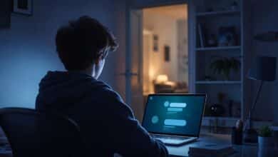 Adolescent utilisant un assistant conversationnel sur ordinateur dans un espace d’étude, avec une présence familiale suggérée en arrière-plan.